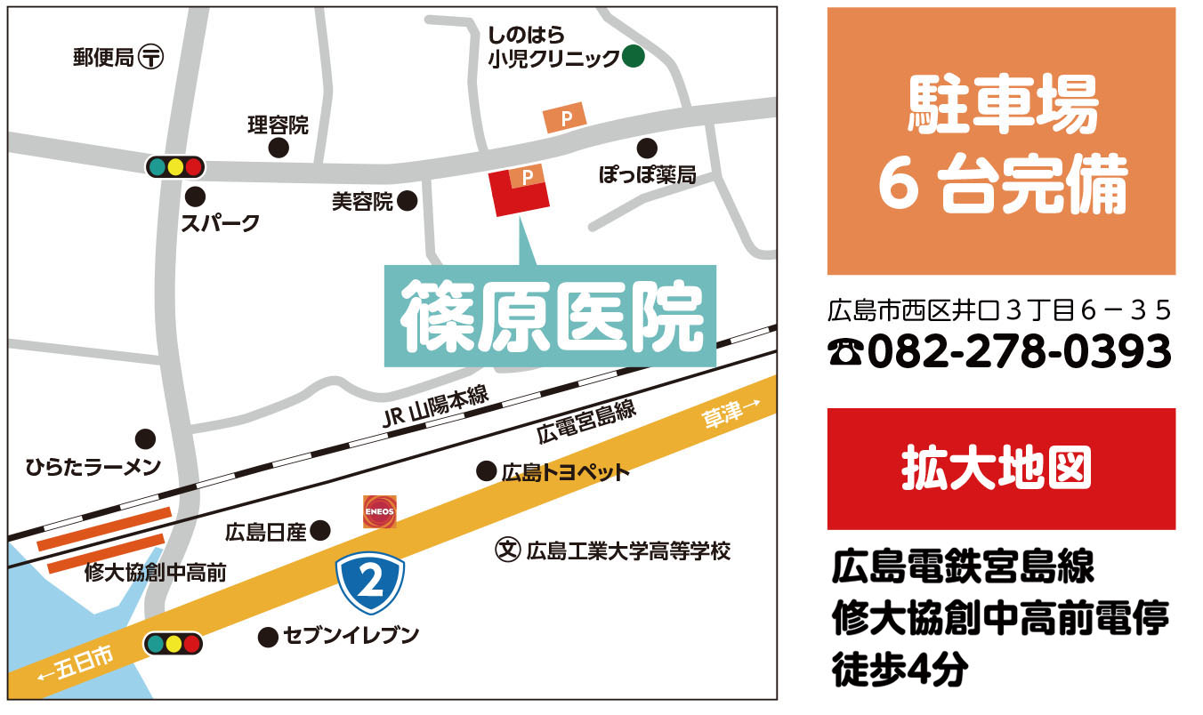 篠原医院の位置を示す地図です。駐車場は６台完備しています。電話は082-278-0393です。